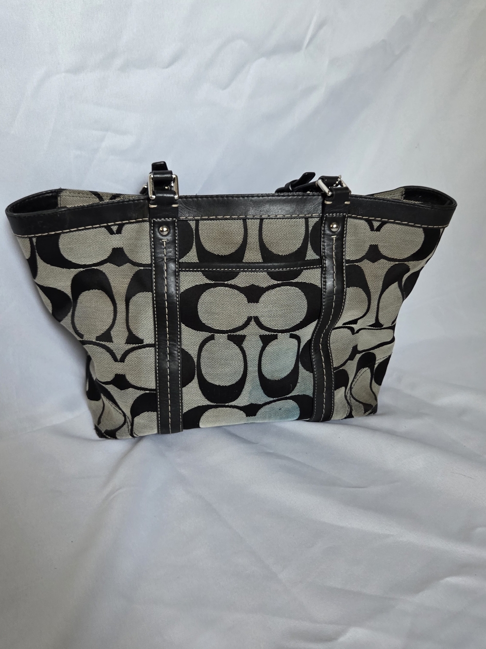 Coach Black and Cream Signature Canvas Tote with Leather Trim